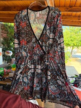 Xhilaration Black Paisley Wrap-Style Long Sleeve Dress with Red & Blue Accents